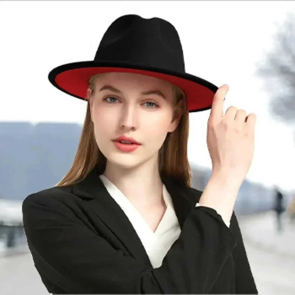 BLACK OUTSIDE RED INSIDE Wide Brim Fedora Hats Two Tone Dress Hat Felt Panama
